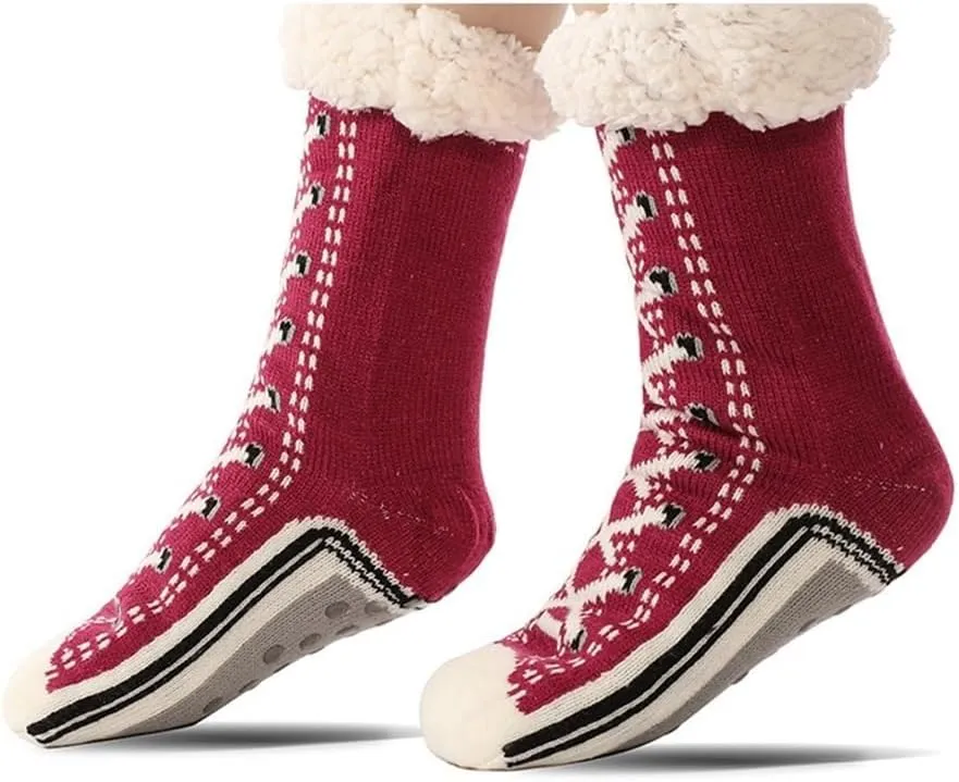 2-Pack Ultra-Thick Cashmere Slipper Home Socks, Cashmere Socks for Women Non Slip Slipper Socks Christmas Essentials(Claret)
