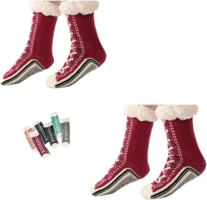 2-Pack Ultra-Thick Cashmere Slipper Home Socks, Cashmere Socks for Women Non Slip Slipper Socks Christmas Essentials(Claret)