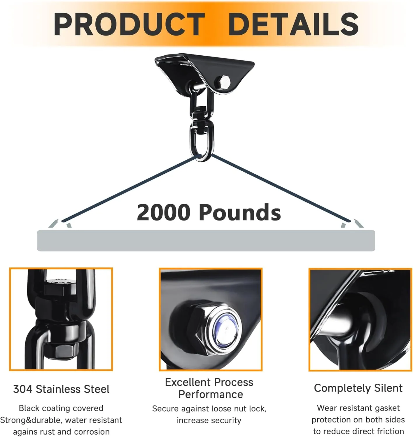 360°Rotating Hammock Hanging Kit - Heavy Duty Hanging Hooks for Swing Hanging Hook kit Stainless Steel 1000 lb Loading Hammock Hooks for Trapeze, Yoga, Boxing Bag, Hammock Chair