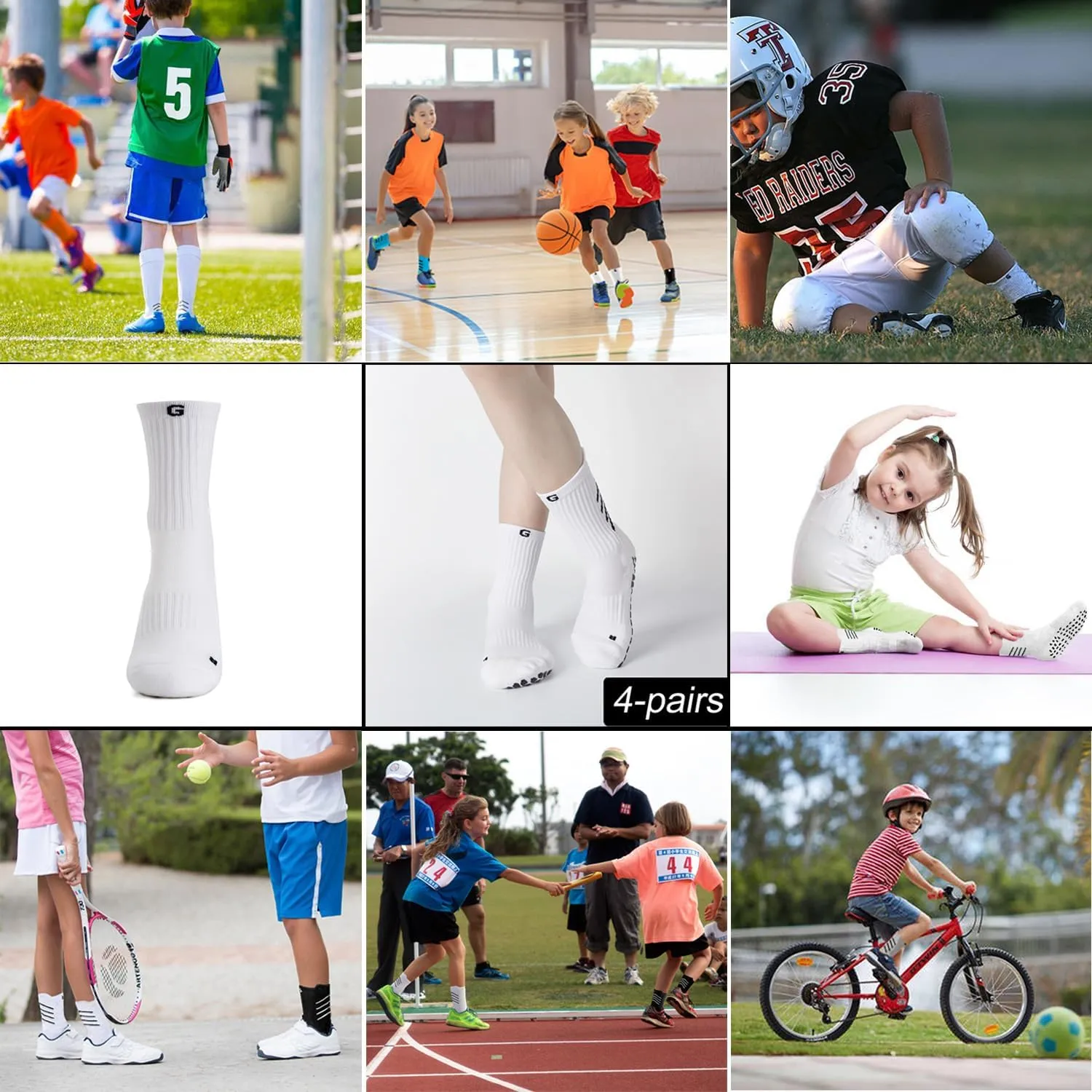4-Pair Cotton Grip Soccer Scoks Kids Youth Toddler Non-slip Sports Sock Football Basketball Rugby Yoga Pilates