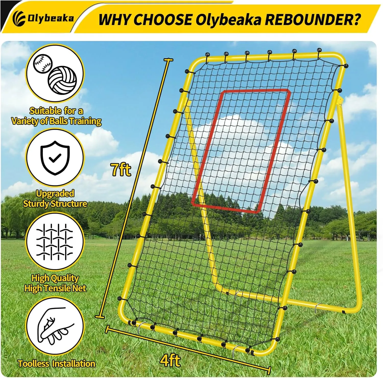 7x4 FT Multi-Sport Rebounder Net for Baseball Volleyball Softball Soccer Lacrosse, Bounce Back Fielding Trainer – Sturdy Steel Frame, Portable with Carry Bag – Great for Team & Solo Training