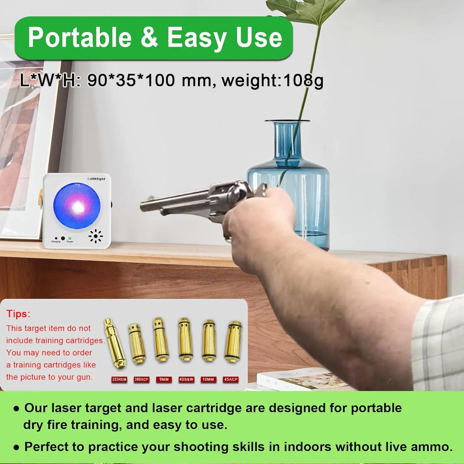 9mm/380ACP/40S&W/45ACP Dry Fire Training Cartridge Integrated Snap Cap for Dry Fire Trainer,Red Dot Beam Bullet with Double O-Ring