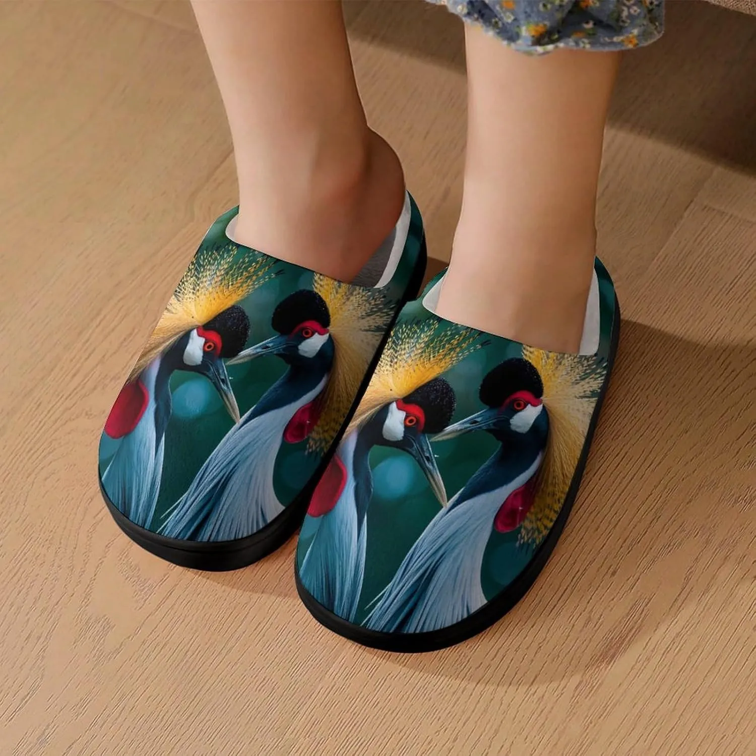 A Pair of Gray Crowned Cranes Cute Cotton Slippers Anti-slip House Shoe Slipper Indoor Outdoor