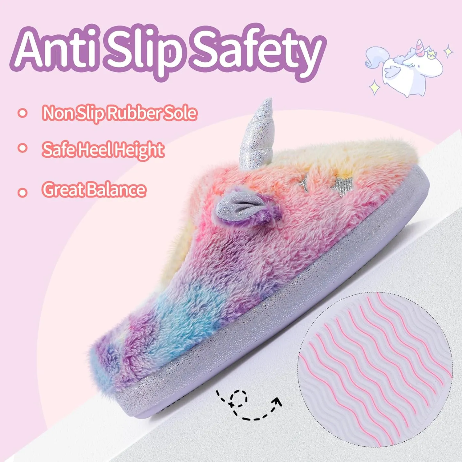 ACTLATI Kids Girls Rainbow Fuzzy Slippers Unicorn Star Glow in the Dark Plush Fleece Warm Indoor House Slippers with Anti Slip Soles