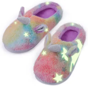 ACTLATI Kids Girls Rainbow Fuzzy Slippers Unicorn Star Glow in the Dark Plush Fleece Warm Indoor House Slippers with Anti Slip Soles