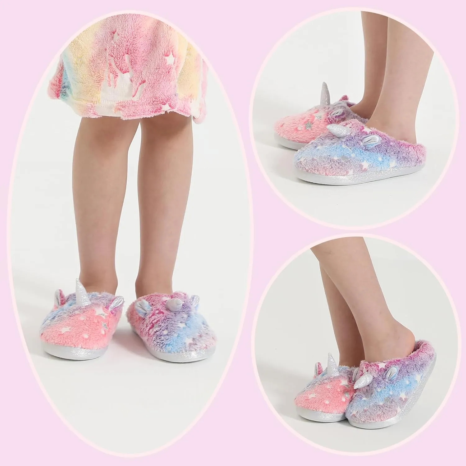 ACTLATI Kids Girls Rainbow Fuzzy Slippers Unicorn Star Glow in the Dark Plush Fleece Warm Indoor House Slippers with Anti Slip Soles