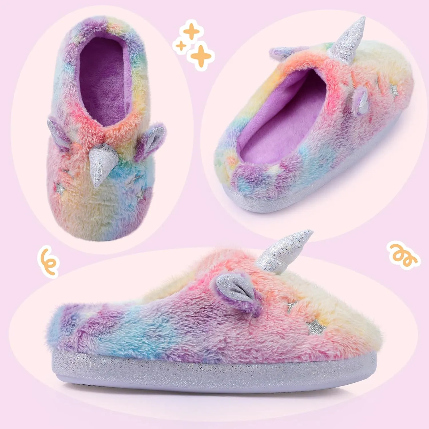 ACTLATI Kids Girls Rainbow Fuzzy Slippers Unicorn Star Glow in the Dark Plush Fleece Warm Indoor House Slippers with Anti Slip Soles
