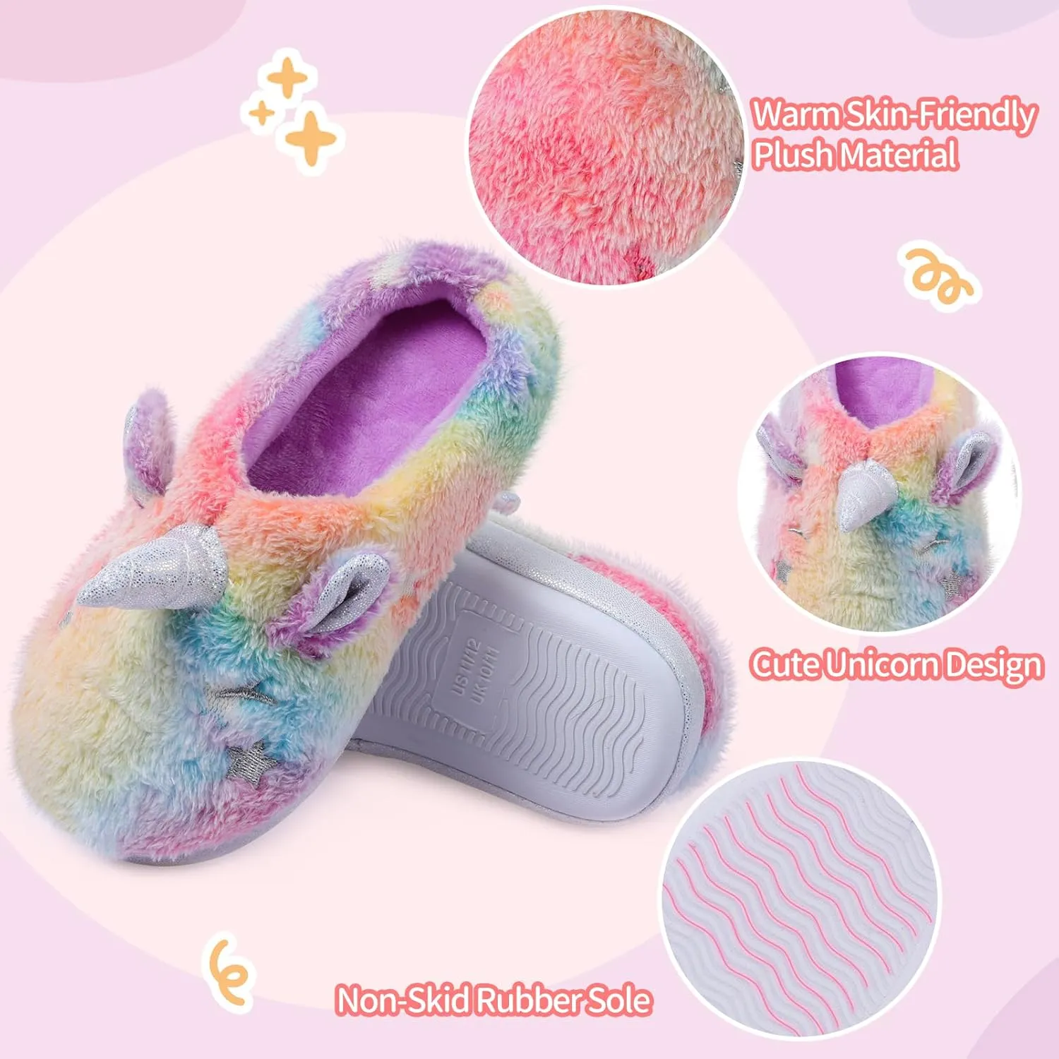 ACTLATI Kids Girls Rainbow Fuzzy Slippers Unicorn Star Glow in the Dark Plush Fleece Warm Indoor House Slippers with Anti Slip Soles