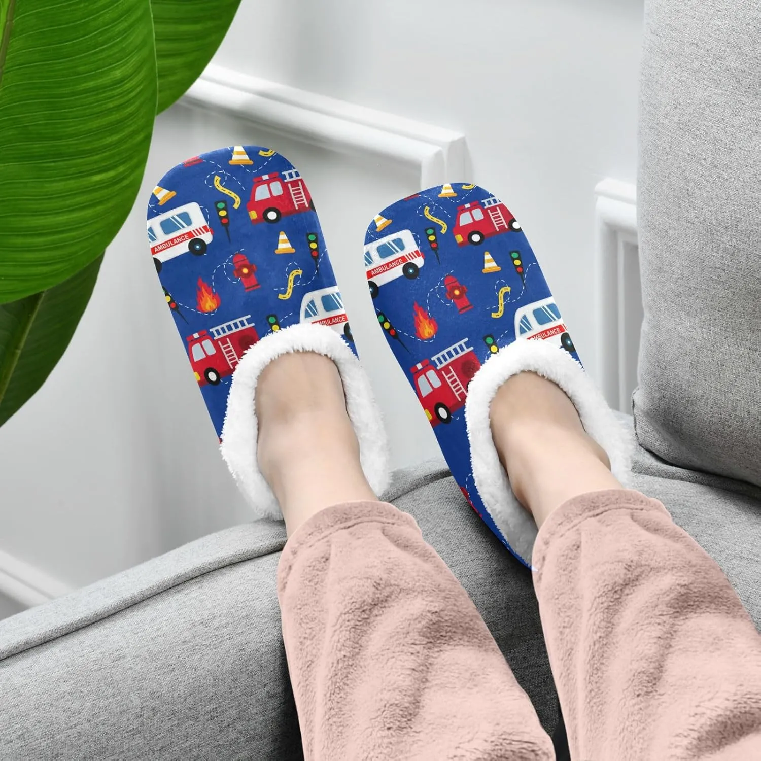 Ambulance Firetrucks Indoor House Slippers Spa Winter Slipper Home Slippers Soft Memory Foam Slipper Non Slip for Travel Hotel Bedroom Shoes M
