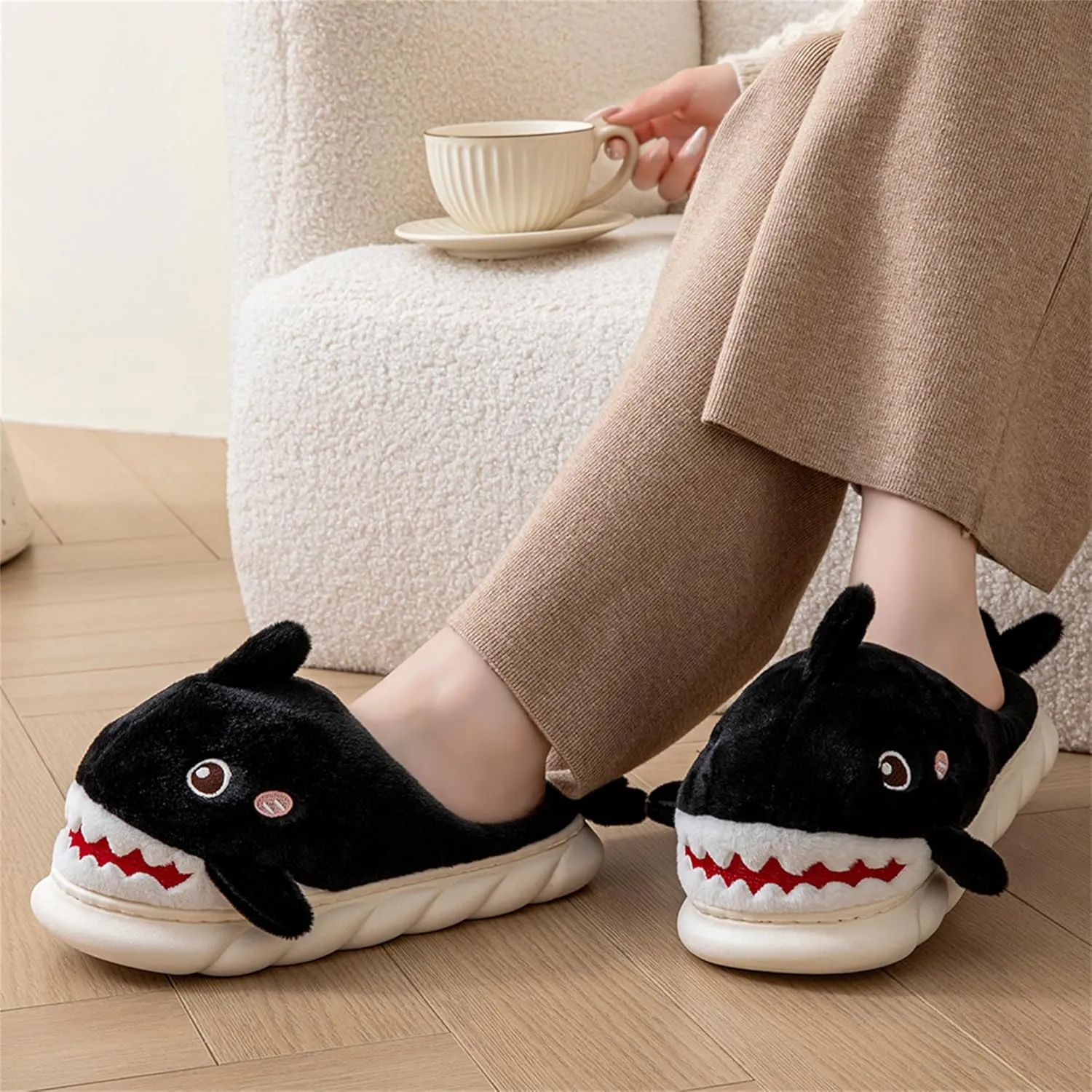 Animal slippers for Women Men Cute Shark Slippers Cozy adult home winter fuzzy cotton slippers