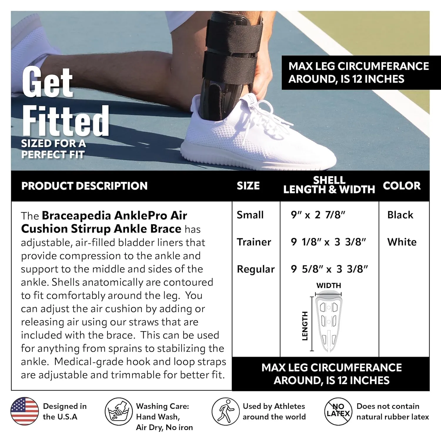 AnklePro Air Cushion Stirrup Ankle Brace, Ankle Support 3-Strap Stabilizers With Customizable Air Cushion and Foam Pads, Ankle Brace for Women and Men, Trainer, White