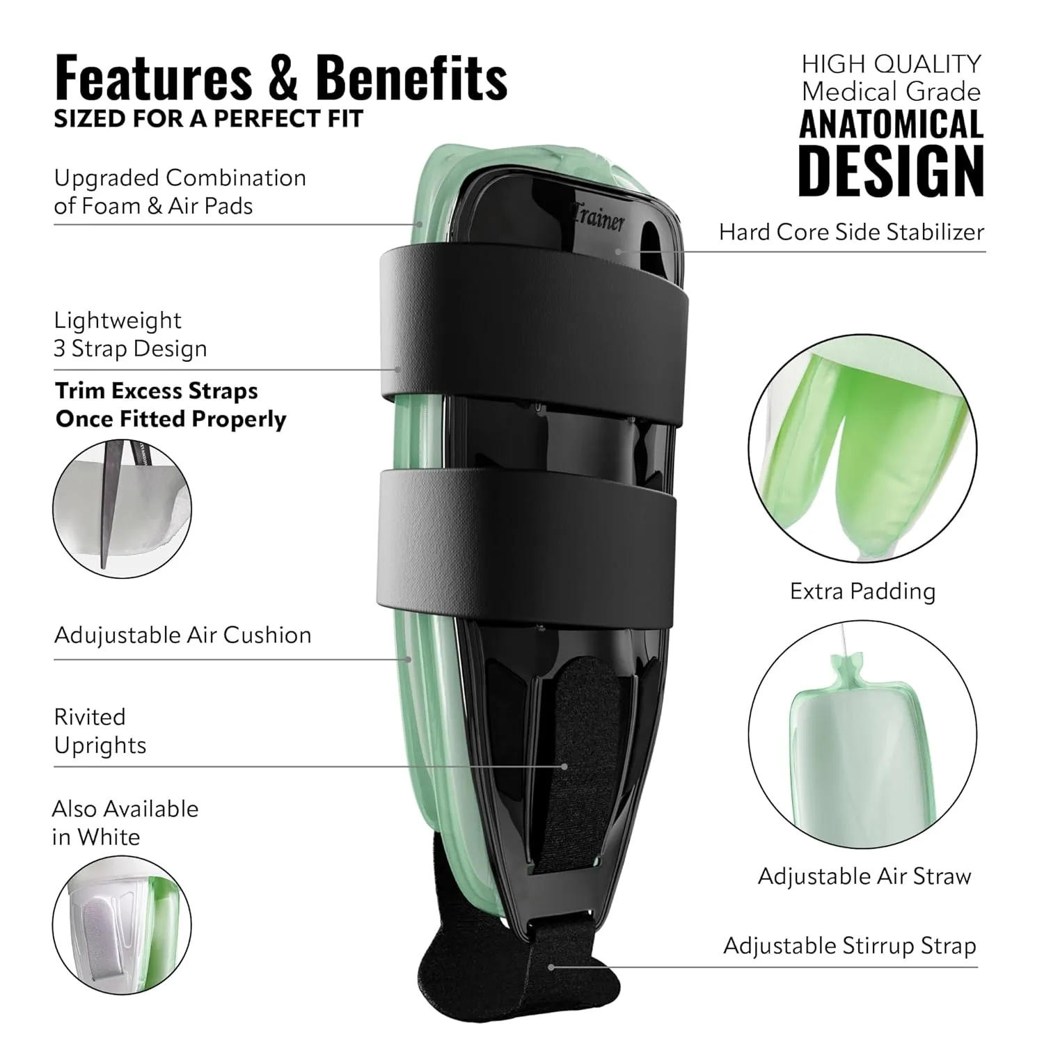 AnklePro Air Cushion Stirrup Ankle Brace, Ankle Support 3-Strap Stabilizers With Customizable Air Cushion and Foam Pads, Ankle Brace for Women and Men, Trainer, White
