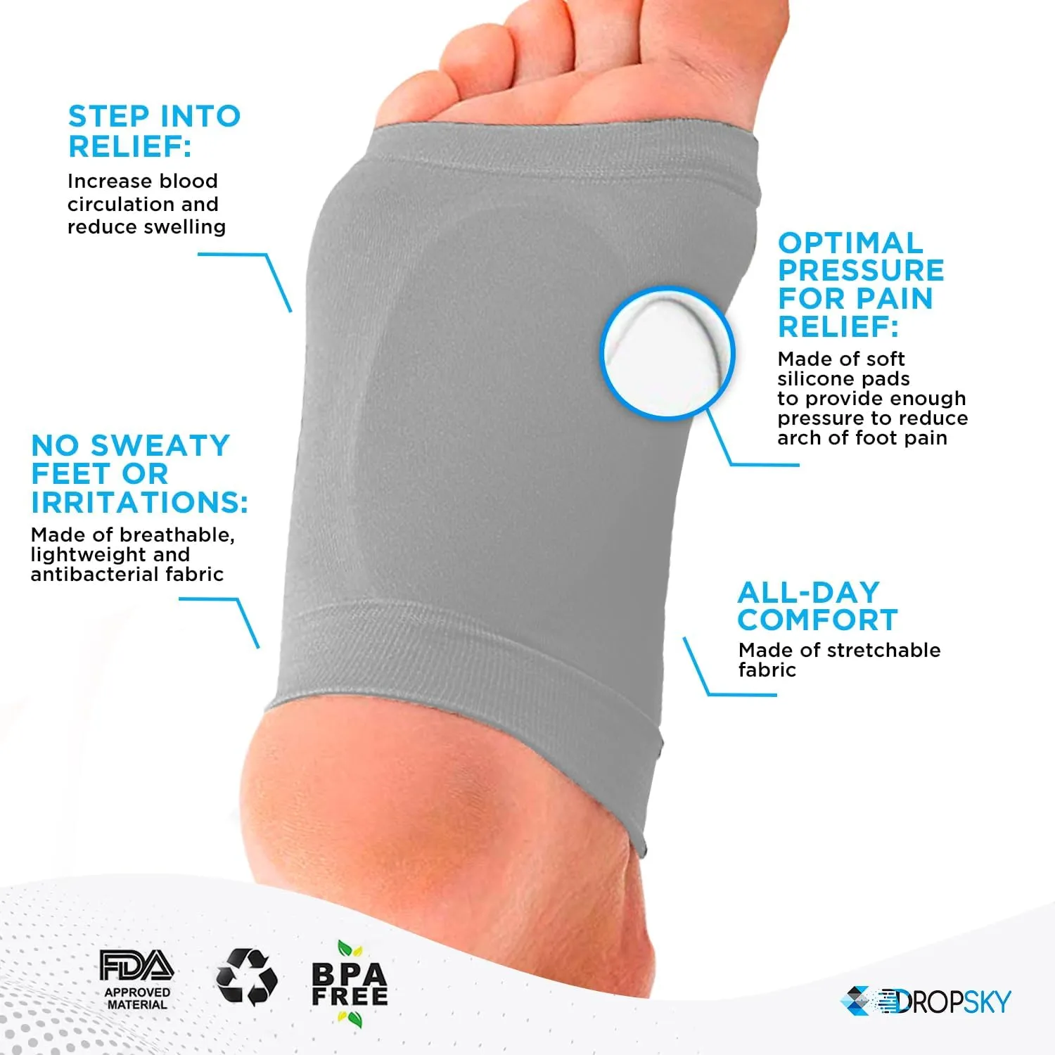Arch Support Brace for Flat Feet with Gel Pad Inside - 2 Pairs - Plantar Fasciitis Support Brace - Compression Arch Sleeves for Women, Men - Foot Pain Relief for Planter Fasciitis, Arch Pain (Gray)