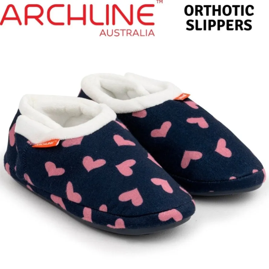 ARCHLINE Orthotic Slippers CLOSED Arch Scuffs Moccasins Pain Relief in Navy Hearts - EUR42 V563-AS401-NVYHRT-42