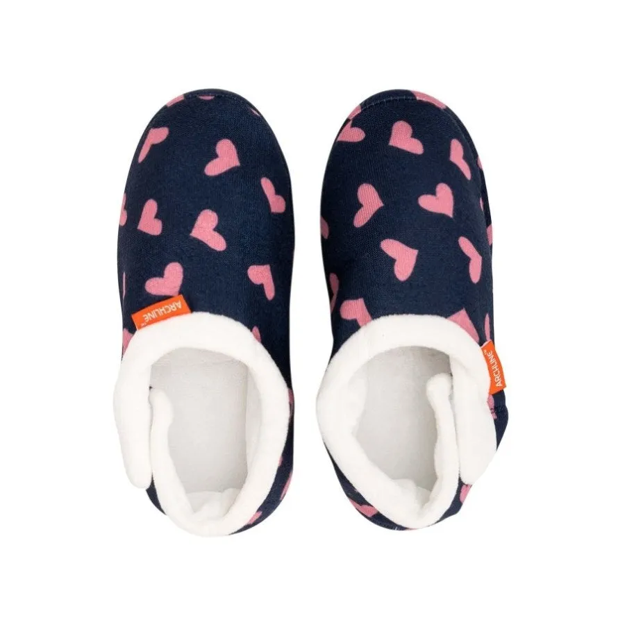ARCHLINE Orthotic Slippers CLOSED Arch Scuffs Moccasins Pain Relief in Navy Hearts - EUR42 V563-AS401-NVYHRT-42