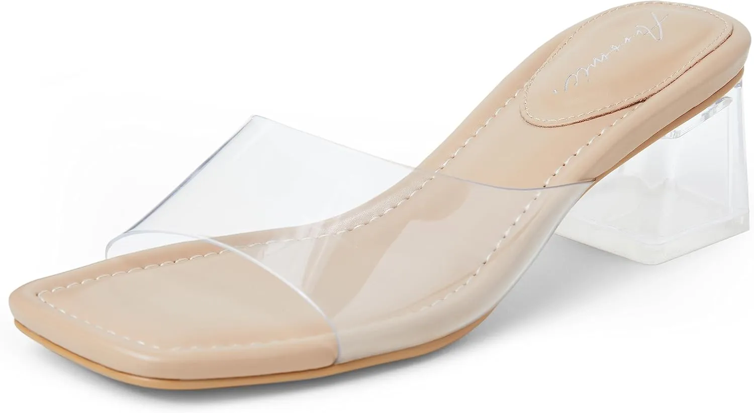 Arromic Women's Block Mule Heeled Sandals Clear Black Nude White Chunky Heels 2 Inches Square Open Toe Slip on Backless Mules Heeled Slippers Dressy Party Prom Wedding Shoes