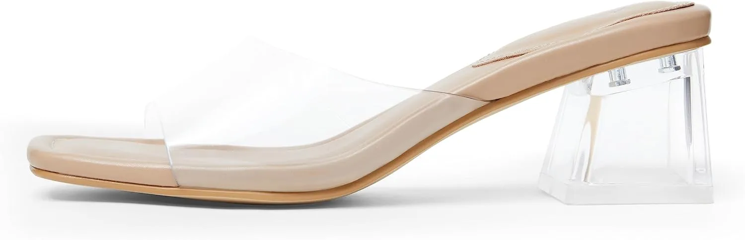Arromic Women's Block Mule Heeled Sandals Clear Black Nude White Chunky Heels 2 Inches Square Open Toe Slip on Backless Mules Heeled Slippers Dressy Party Prom Wedding Shoes