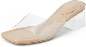 Arromic Women's Block Mule Heeled Sandals Clear Black Nude White Chunky Heels 2 Inches Square Open Toe Slip on Backless Mules Heeled Slippers Dressy Party Prom Wedding Shoes