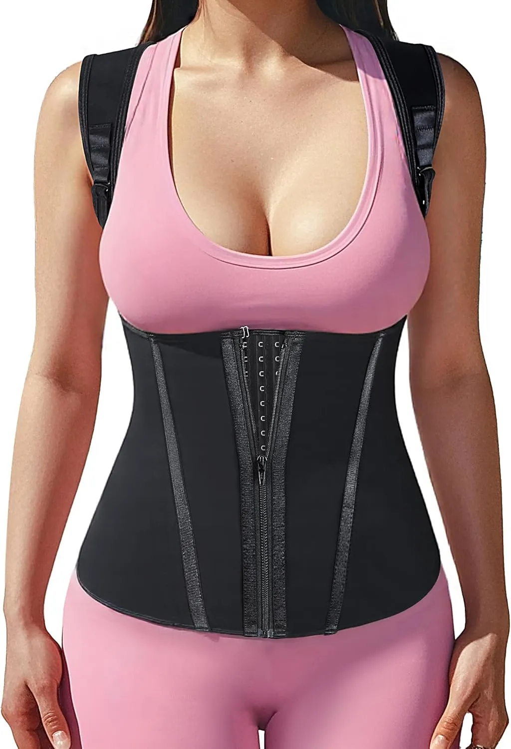 Atbuty Short Torso Waist Trainer for Women Core Training Home Fitness, Compression Cincher with Adjustable Shoulder Straps Black