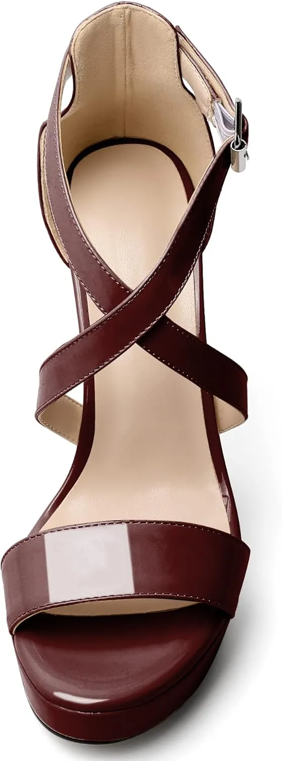 AUMOTED Women Cross Strappy Peep Open Toe Sandals Platform Ankle-Strap Stiletto High Heel Dress Shoes Wedding Patent 4.7 Inch Sandals