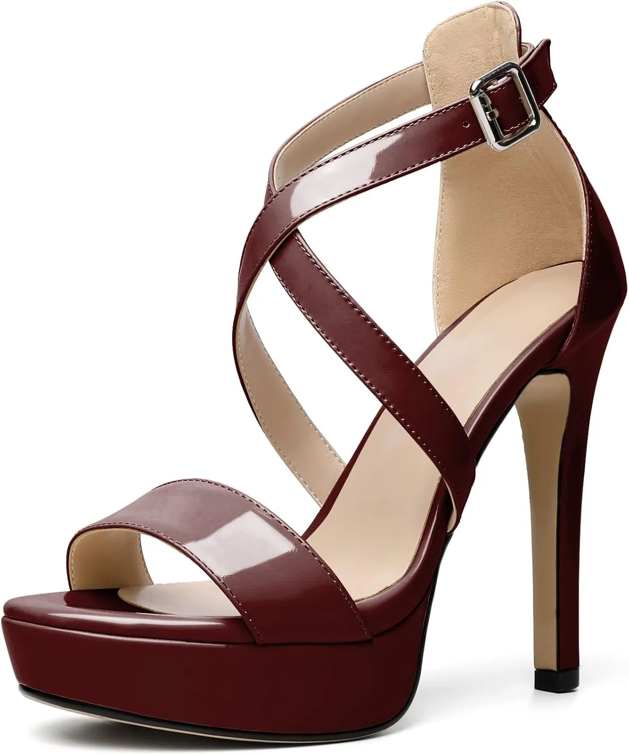 AUMOTED Women Cross Strappy Peep Open Toe Sandals Platform Ankle-Strap Stiletto High Heel Dress Shoes Wedding Patent 4.7 Inch Sandals