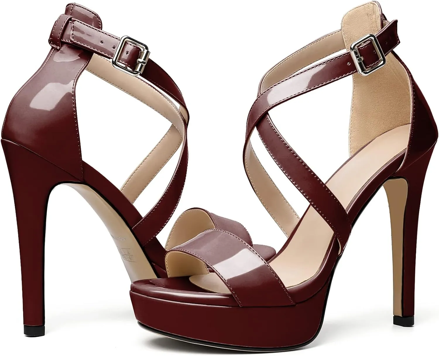 AUMOTED Women Cross Strappy Peep Open Toe Sandals Platform Ankle-Strap Stiletto High Heel Dress Shoes Wedding Patent 4.7 Inch Sandals