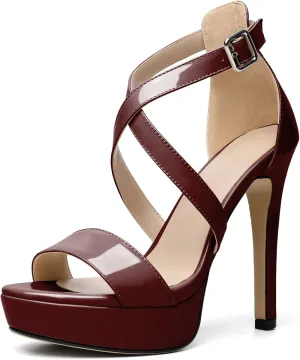 AUMOTED Women Cross Strappy Peep Open Toe Sandals Platform Ankle-Strap Stiletto High Heel Dress Shoes Wedding Patent 4.7 Inch Sandals