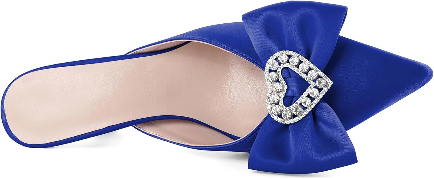 AUMOTED Women Kitten Heel Mules Rhinestone Bow Sandals Pointed Toe Heeled Mule Slip On Low Heels Slipper Glitter Mesh Wedding Bridal Shoes 2.5 Inch