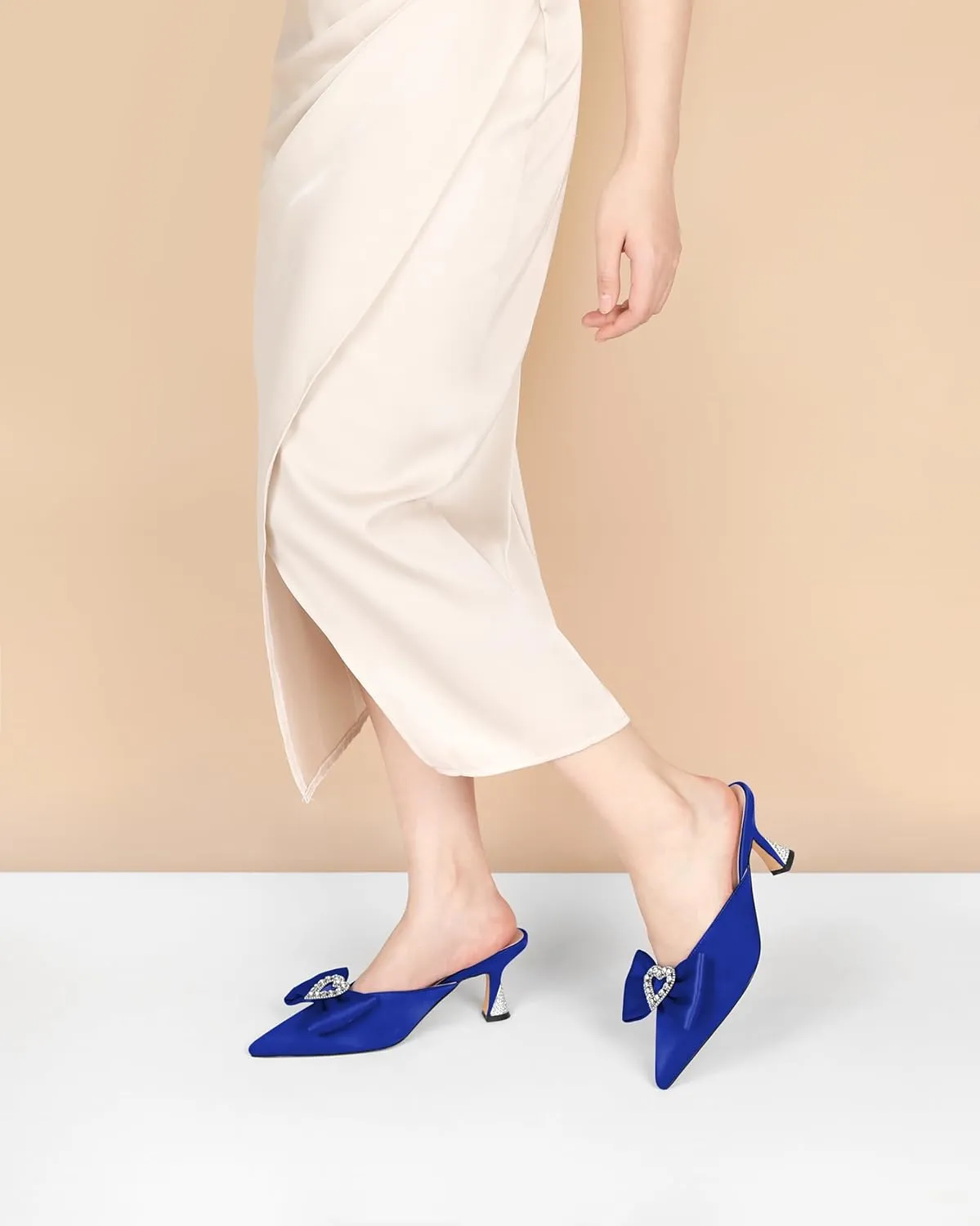AUMOTED Women Kitten Heel Mules Rhinestone Bow Sandals Pointed Toe Heeled Mule Slip On Low Heels Slipper Glitter Mesh Wedding Bridal Shoes 2.5 Inch