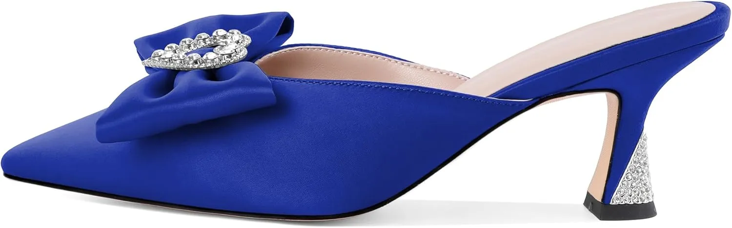 AUMOTED Women Kitten Heel Mules Rhinestone Bow Sandals Pointed Toe Heeled Mule Slip On Low Heels Slipper Glitter Mesh Wedding Bridal Shoes 2.5 Inch