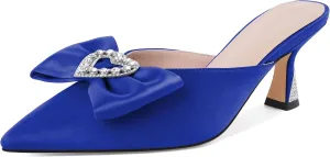 AUMOTED Women Kitten Heel Mules Rhinestone Bow Sandals Pointed Toe Heeled Mule Slip On Low Heels Slipper Glitter Mesh Wedding Bridal Shoes 2.5 Inch