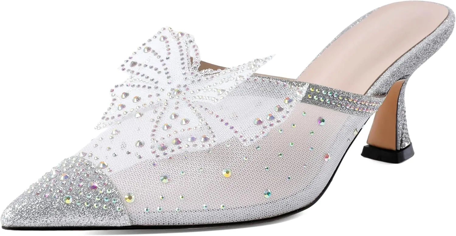 AUMOTED Women's Silver Rhinestone Heels Kitten Heel Sandals Pointed Toe Slip On Heeled Mule with Bow Sparkly Glitter Dress Mesh 2.5 Inch Summer Heels Silver US Size 8.5