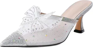 AUMOTED Women's Silver Rhinestone Heels Kitten Heel Sandals Pointed Toe Slip On Heeled Mule with Bow Sparkly Glitter Dress Mesh 2.5 Inch Summer Heels Silver US Size 8.5