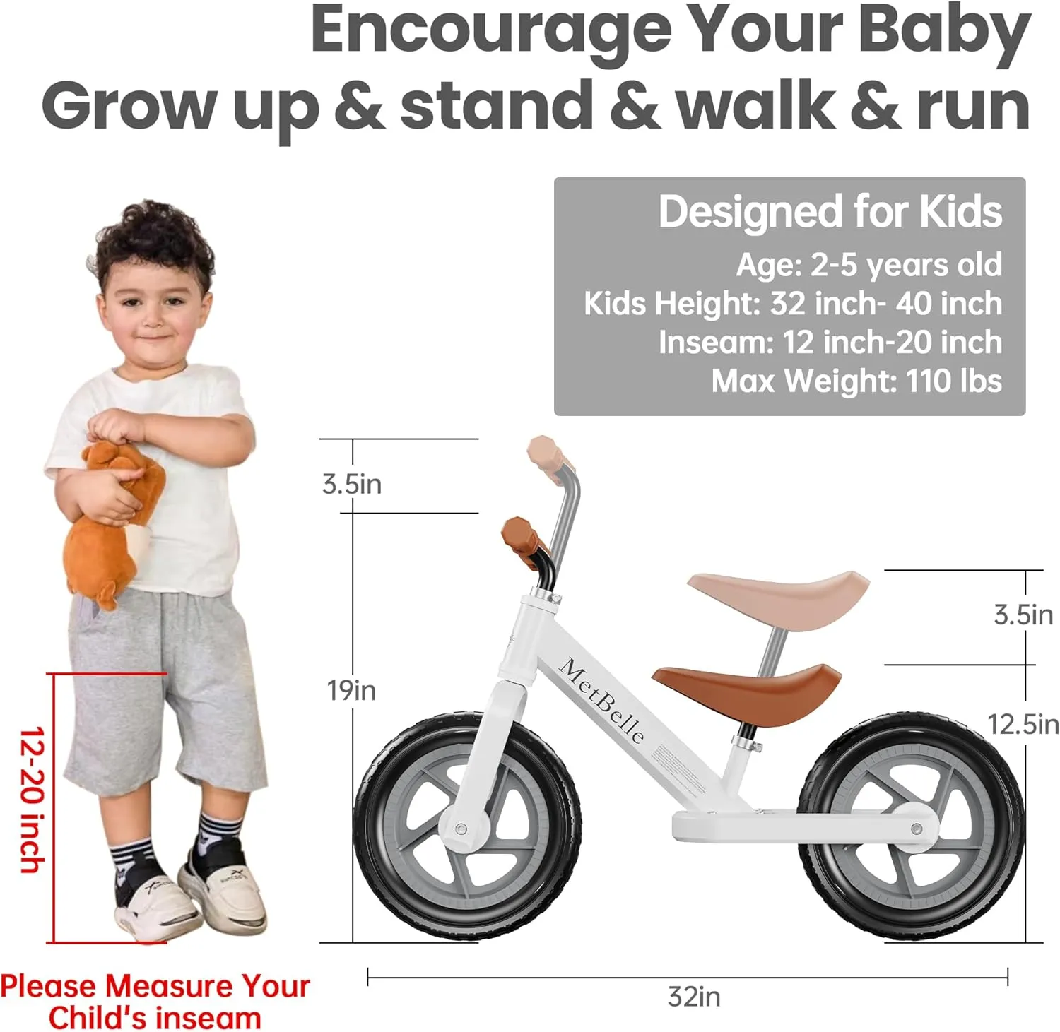 Balance Bike for Age 2 to 5 Years Baby,Colorful Lighting Toddler First Bicycle, 12-Inch Ride on Trainer Toys for Children,Kids Sport Push Walker with Adjustable Seat & Handle,Boys Girls Birthday Gifts