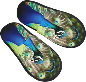 Beautiful peacock Women's Fuzzy Slippers Slip-on Slipper Soft Comfy Bedroom Slippers Non-slip House Shoes Medium