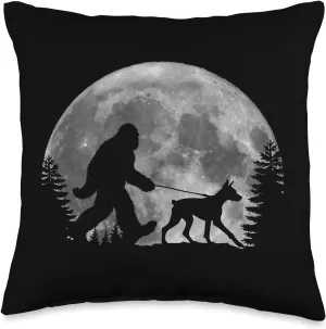 Bigfoot Walking a Dog Funny Doberman Pinscher Moon Halloween Throw Pillow