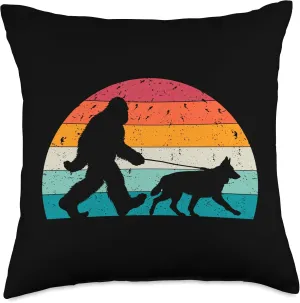 Bigfoot Walking a Dog Funny German Shepherd Lovers Dog Dad Throw Pillow