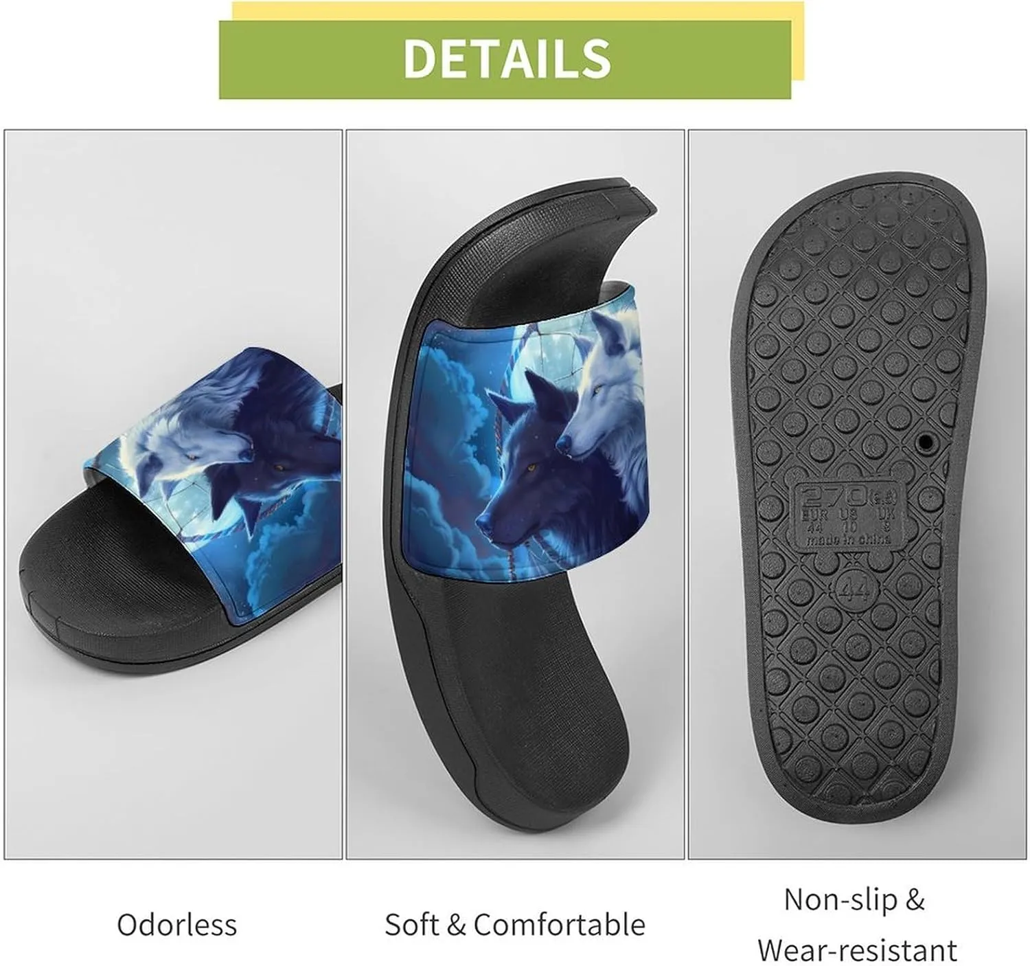 Black And White Wolf Slippers for Women Men Anti-Slip Shower Slides Open Toe Slippers for Home Outdoor Beach