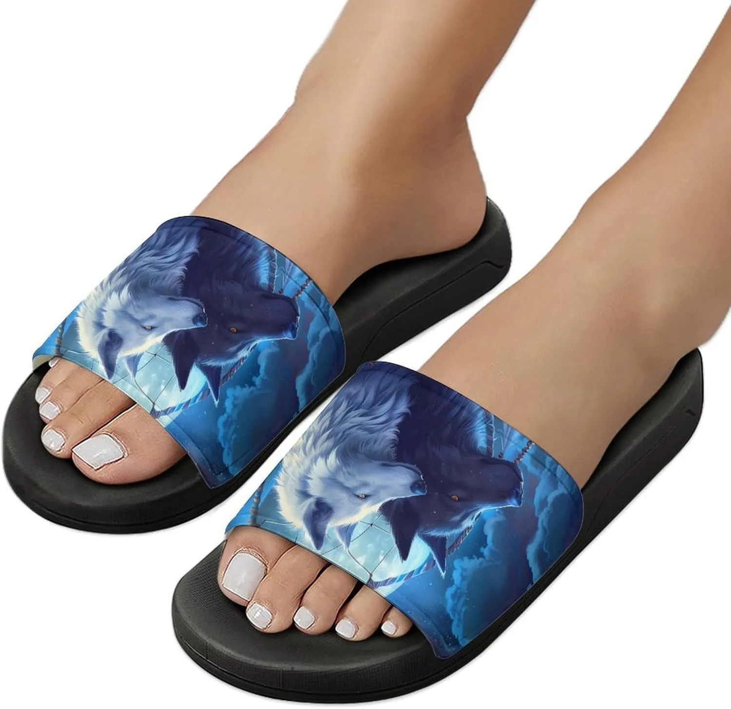 Black And White Wolf Slippers for Women Men Anti-Slip Shower Slides Open Toe Slippers for Home Outdoor Beach