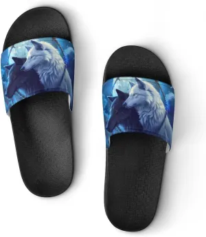 Black And White Wolf Slippers for Women Men Anti-Slip Shower Slides Open Toe Slippers for Home Outdoor Beach