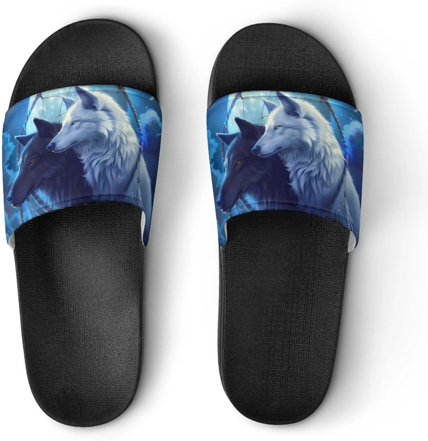 Black And White Wolf Slippers for Women Men Anti-Slip Shower Slides Open Toe Slippers for Home Outdoor Beach