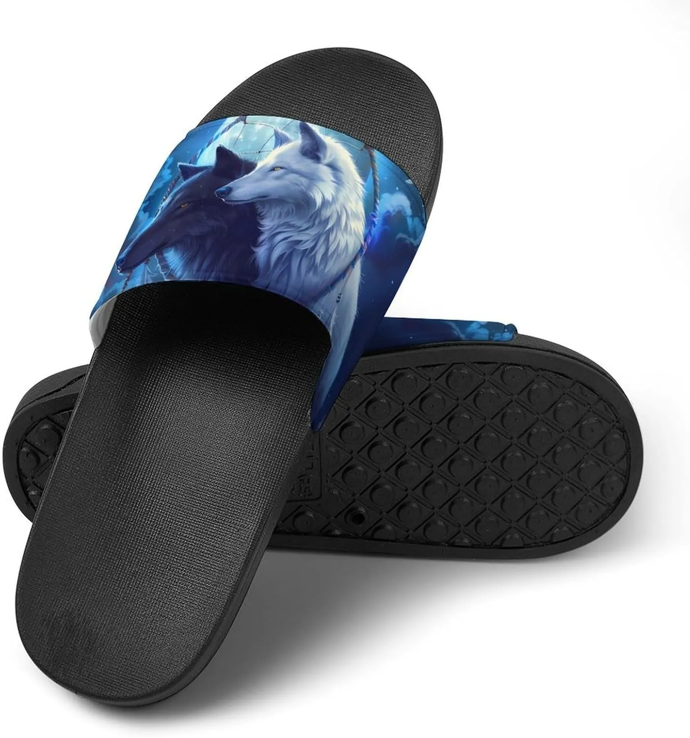 Black And White Wolf Slippers for Women Men Anti-Slip Shower Slides Open Toe Slippers for Home Outdoor Beach