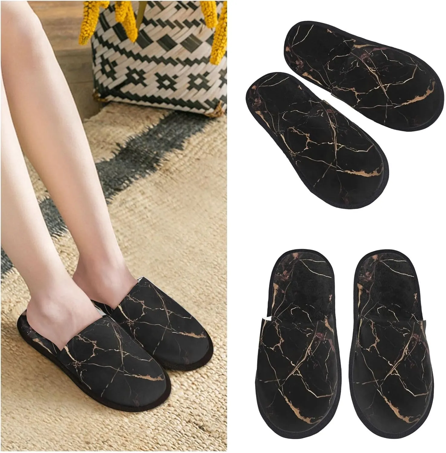 Black Gold Marble Women's Fuzzy Slippers Slip-on Slipper Soft Comfy Bedroom Slippers Non-slip House Shoes