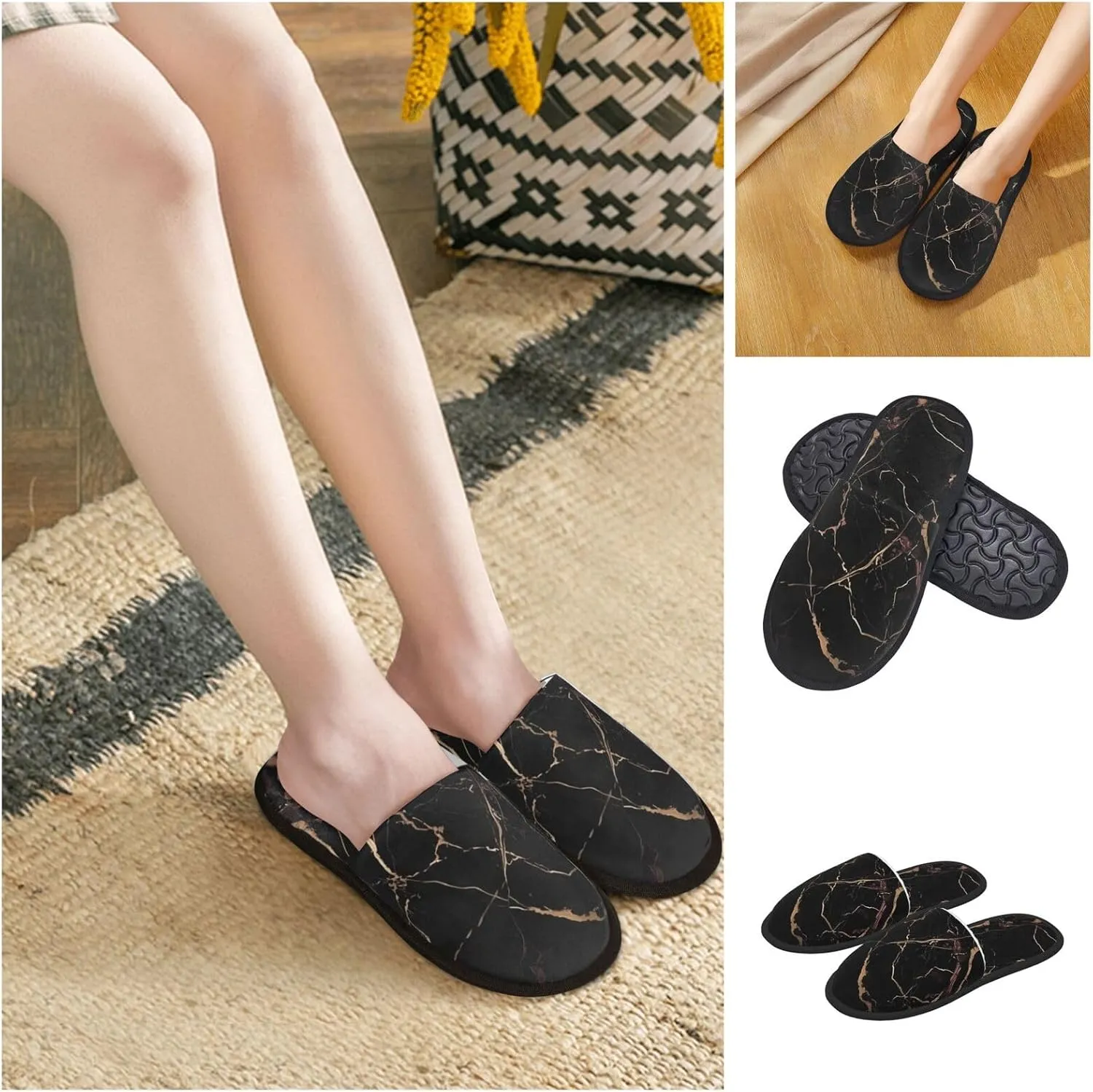Black Gold Marble Women's Fuzzy Slippers Slip-on Slipper Soft Comfy Bedroom Slippers Non-slip House Shoes