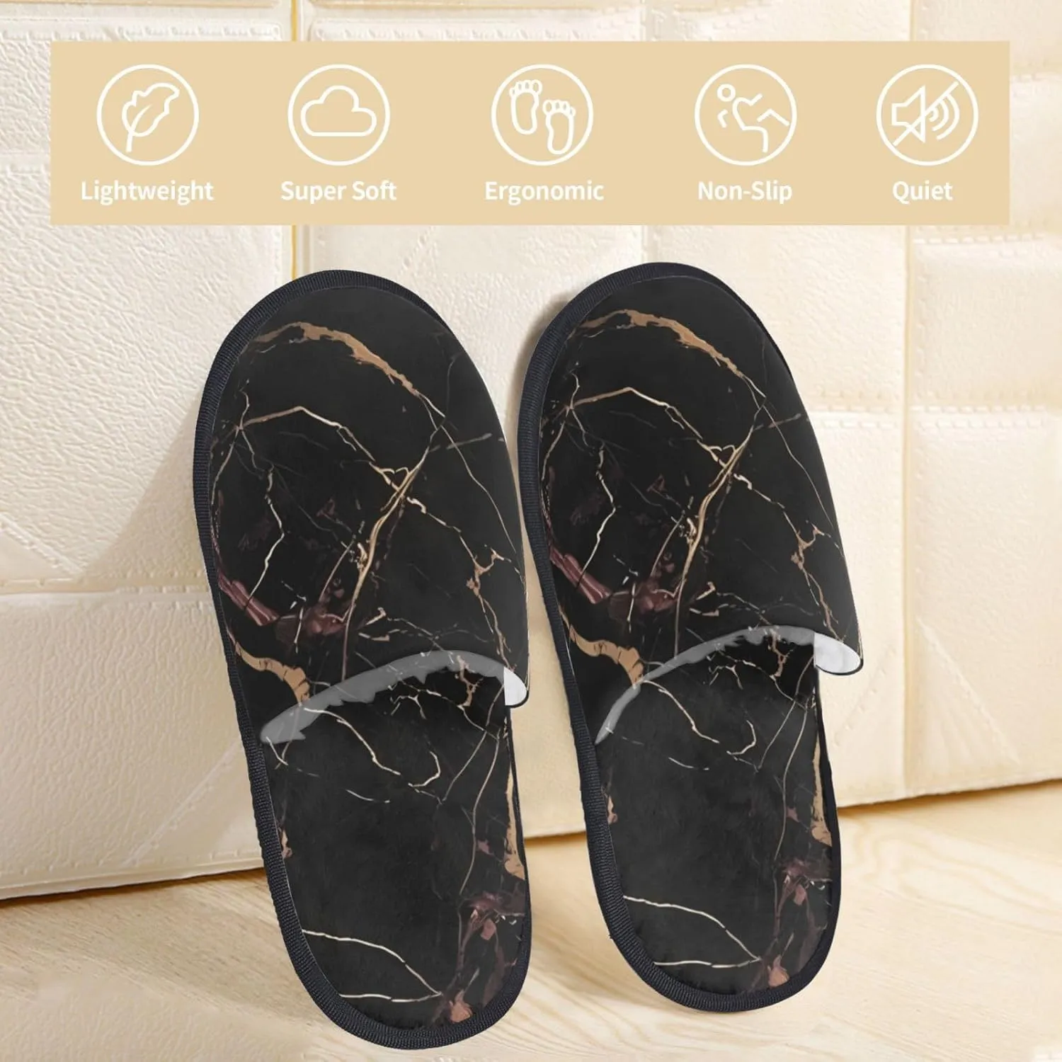 Black Gold Marble Women's Fuzzy Slippers Slip-on Slipper Soft Comfy Bedroom Slippers Non-slip House Shoes