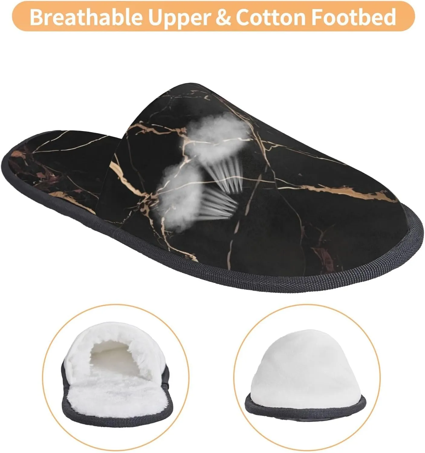 Black Gold Marble Women's Fuzzy Slippers Slip-on Slipper Soft Comfy Bedroom Slippers Non-slip House Shoes