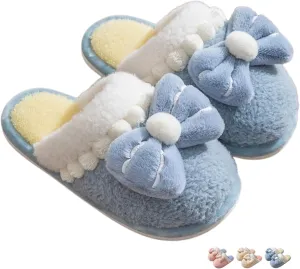 Bow Slippers for Women Indoor Cute Bow Tie House Slippers Plush Slides Shoes Soft Non-Slip Sole Slip On Slippers with Bows Winter Warm Couple Home Cotton Slippers Bedroom Slippers Outdoor