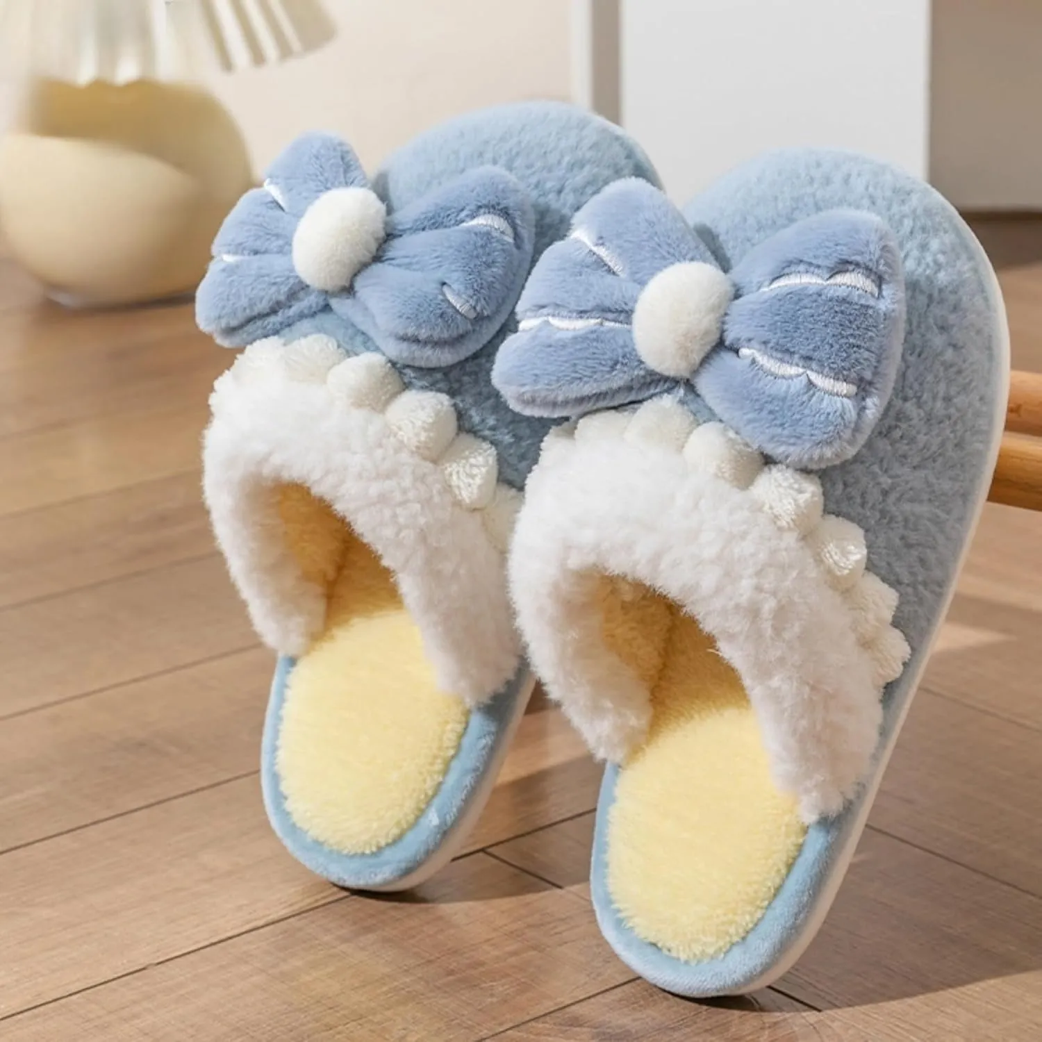 Bow Slippers for Women Indoor Cute Bow Tie House Slippers Plush Slides Shoes Soft Non-Slip Sole Slip On Slippers with Bows Winter Warm Couple Home Cotton Slippers Bedroom Slippers Outdoor