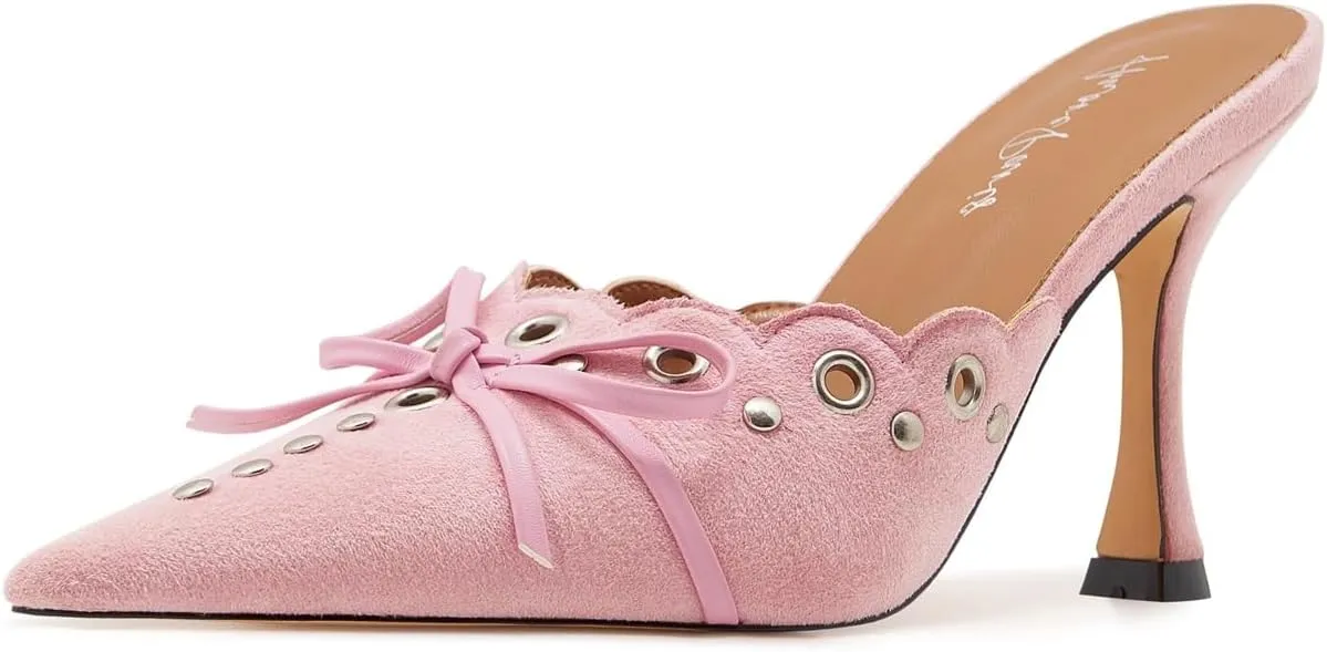 Bow Tie Heeled Mules for Women Pointy Studs Kitten Heels Dress Pumps Backless Stilettos Heels