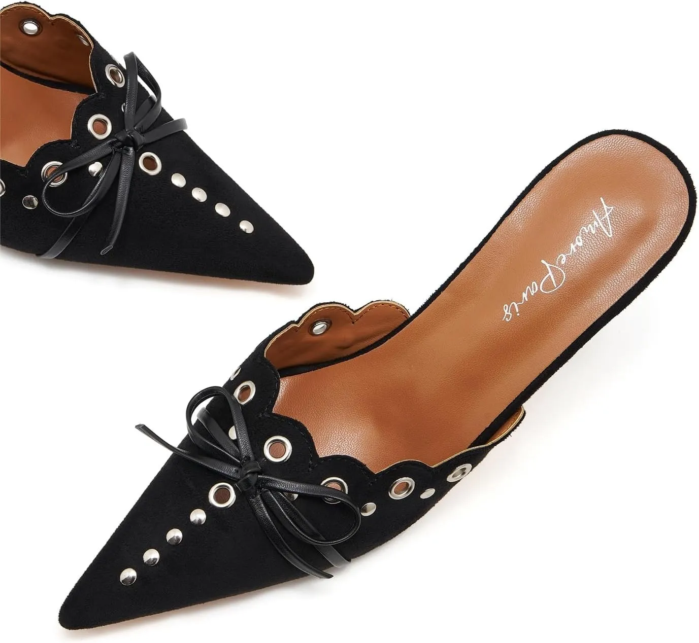 Bow Tie Heeled Mules for Women Pointy Studs Kitten Heels Dress Pumps Backless Stilettos Heels